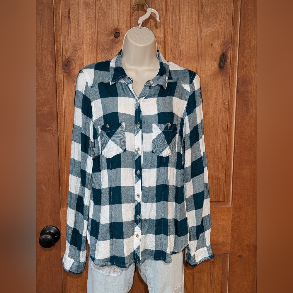 Maurices Teal and White Plaid Shirt